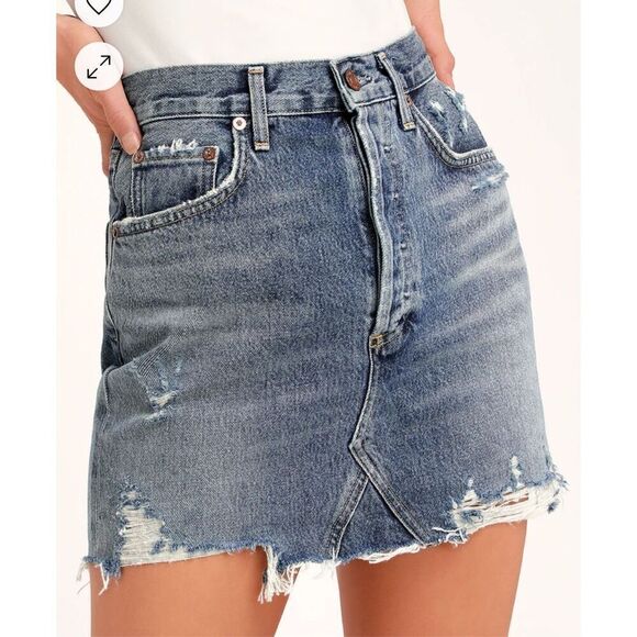 Agolde Quinn High Rise Medium Wash Distressed Mini Skirt size 25 m1 - Picture 2 of 7